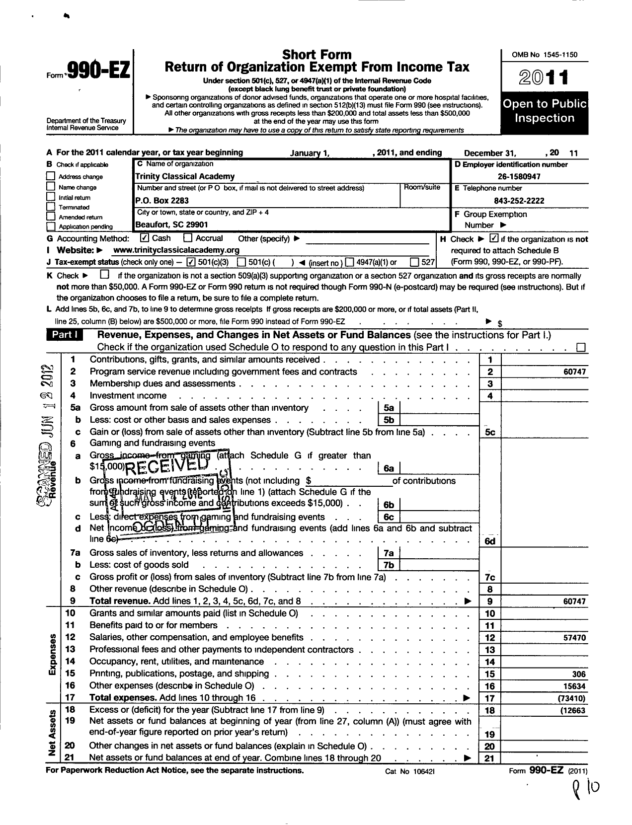 Image of first page of 2011 Form 990EZ for Trinity Classical Academy