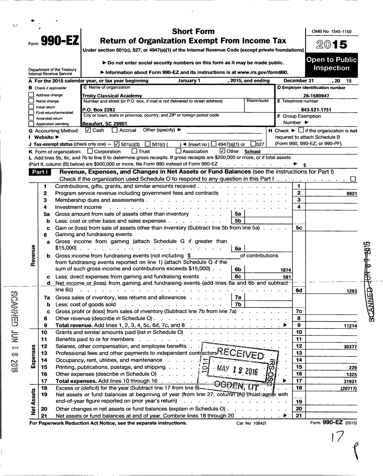 Image of first page of 2015 Form 990EZ for Trinity Classical Academy