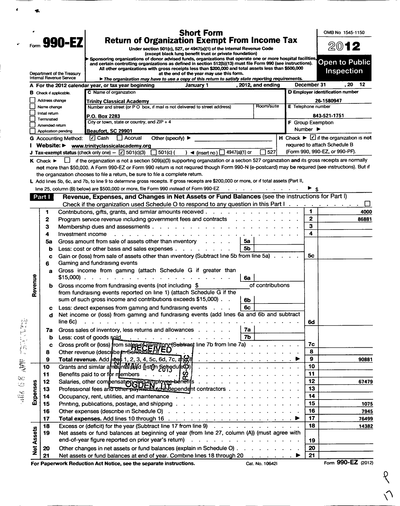 Image of first page of 2012 Form 990EZ for Trinity Classical Academy