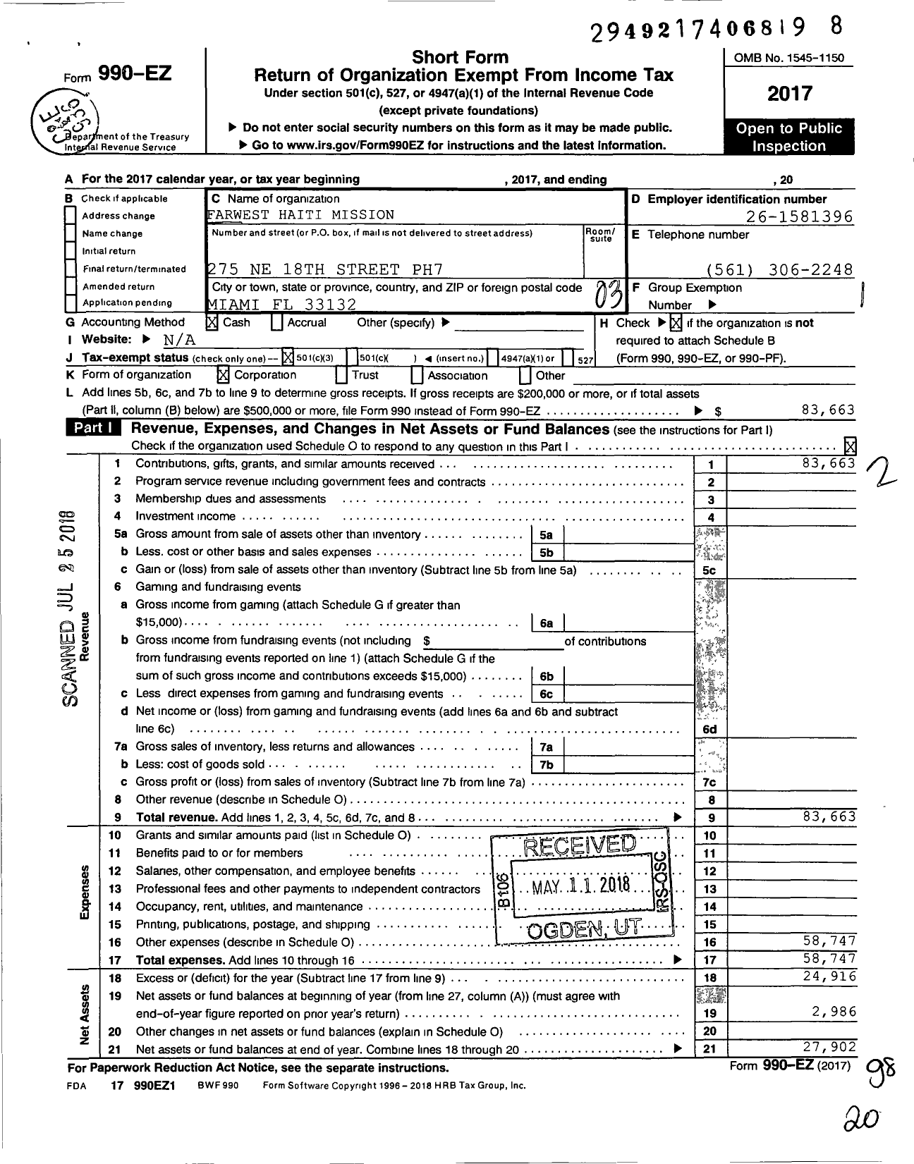 Image of first page of 2017 Form 990EZ for Farwest Haiti Mission