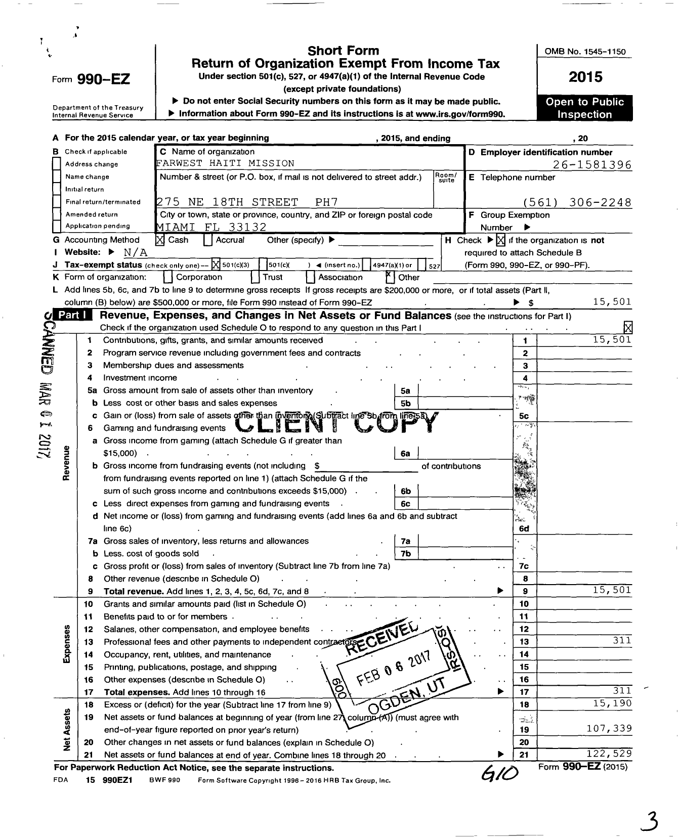 Image of first page of 2015 Form 990EZ for Farwest Haiti Mission