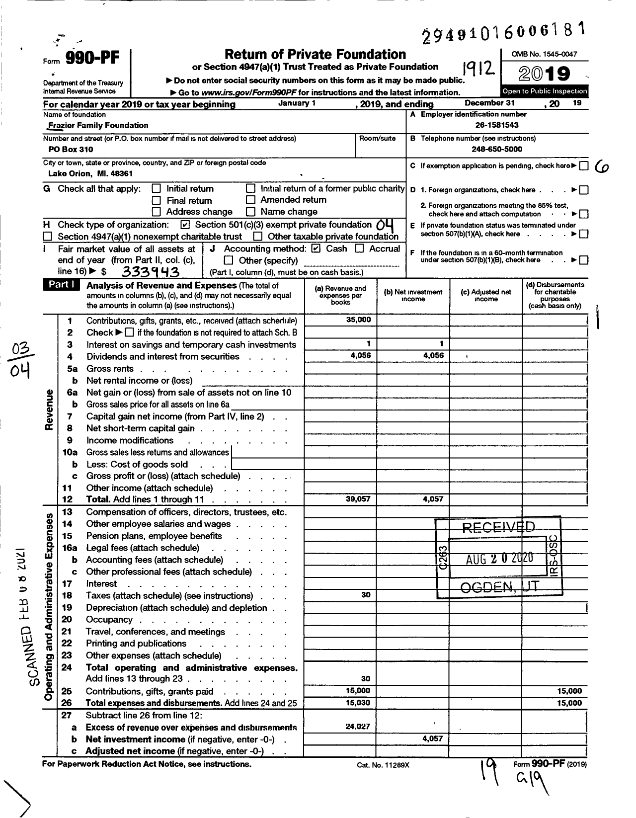 Image of first page of 2019 Form 990PF for Frazier Family Foundation