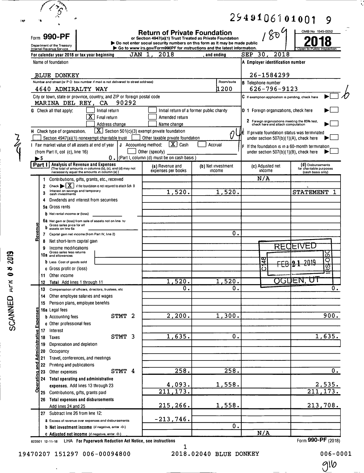 Image of first page of 2017 Form 990PF for Blue Donkey