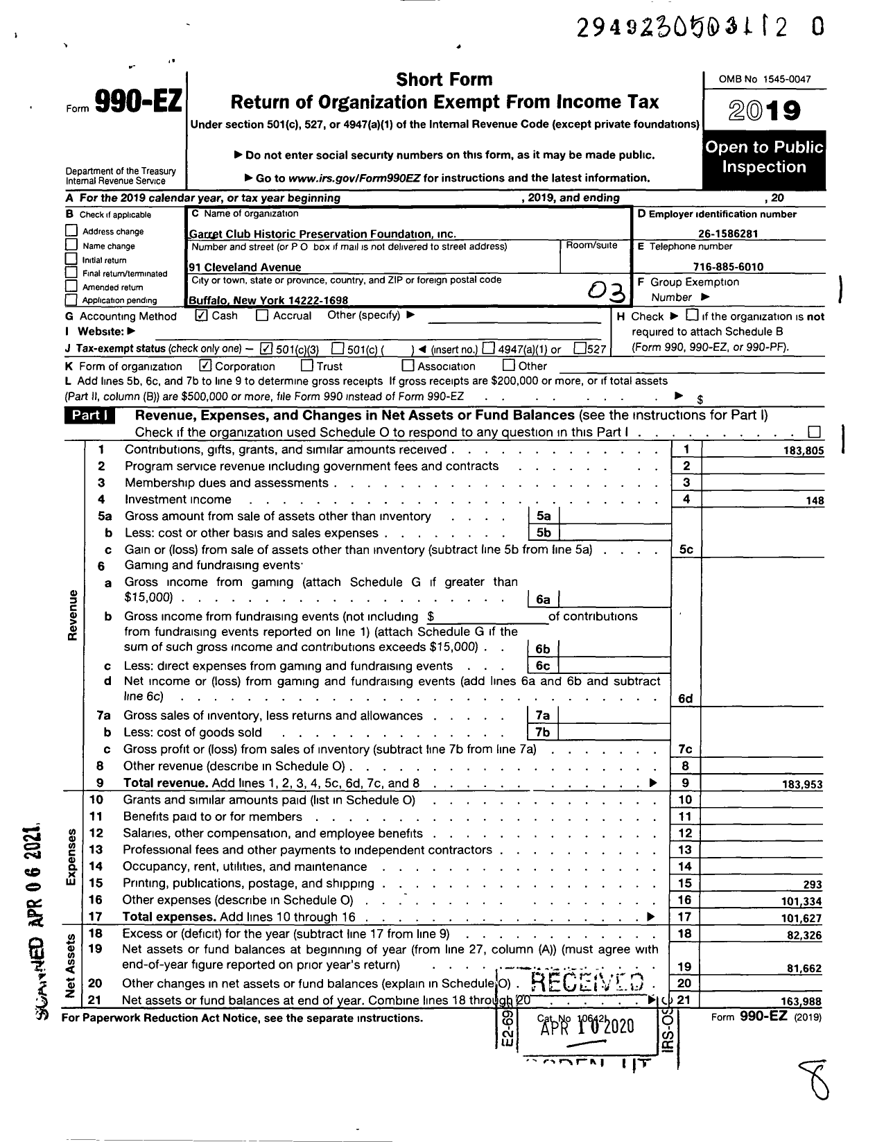 Image of first page of 2019 Form 990EZ for The Garret Club Historic Preservation Foundation