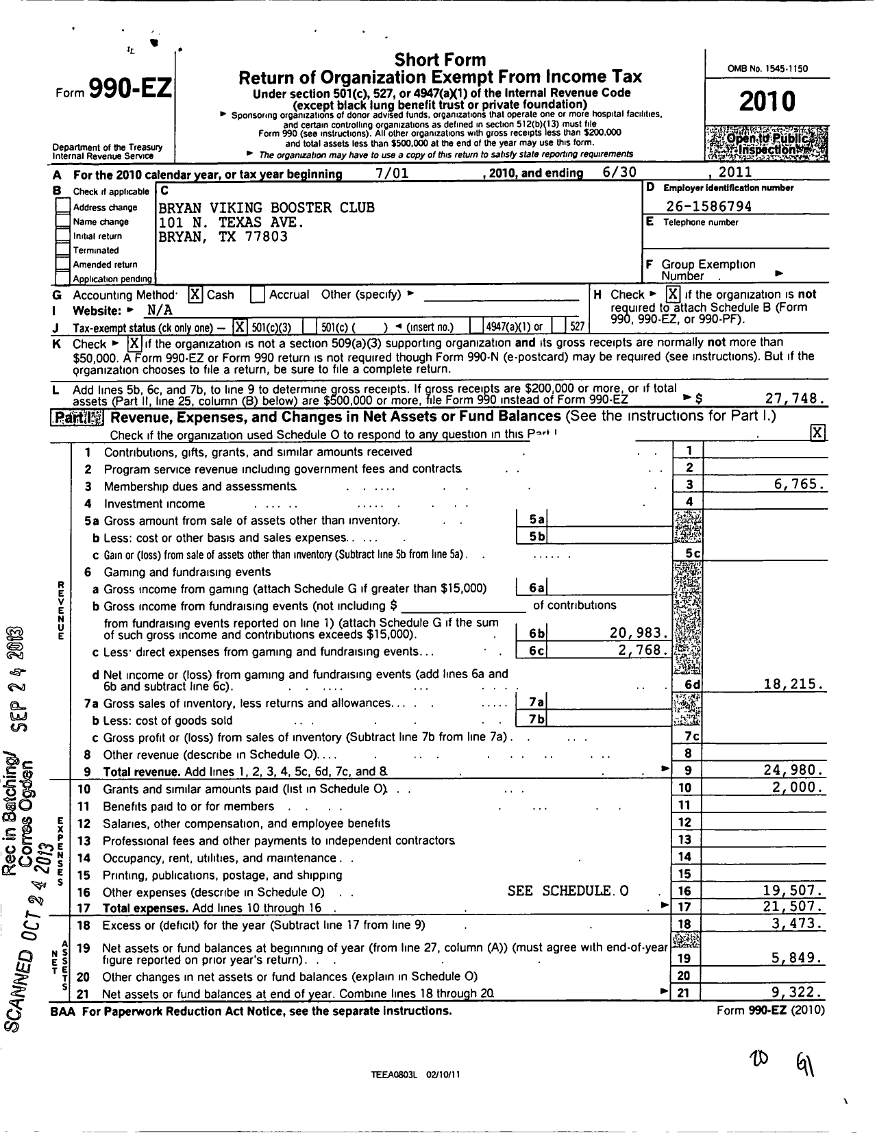 Image of first page of 2010 Form 990EZ for Bryan Education Support Group / Bryan Viking Booster Club