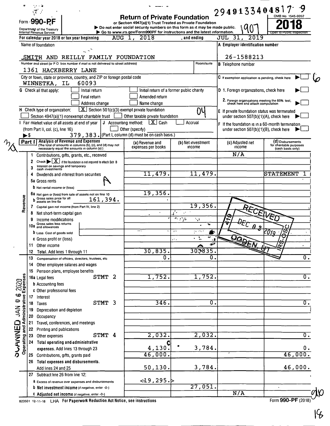 Image of first page of 2018 Form 990PF for Smith and Reilly Family Foundation
