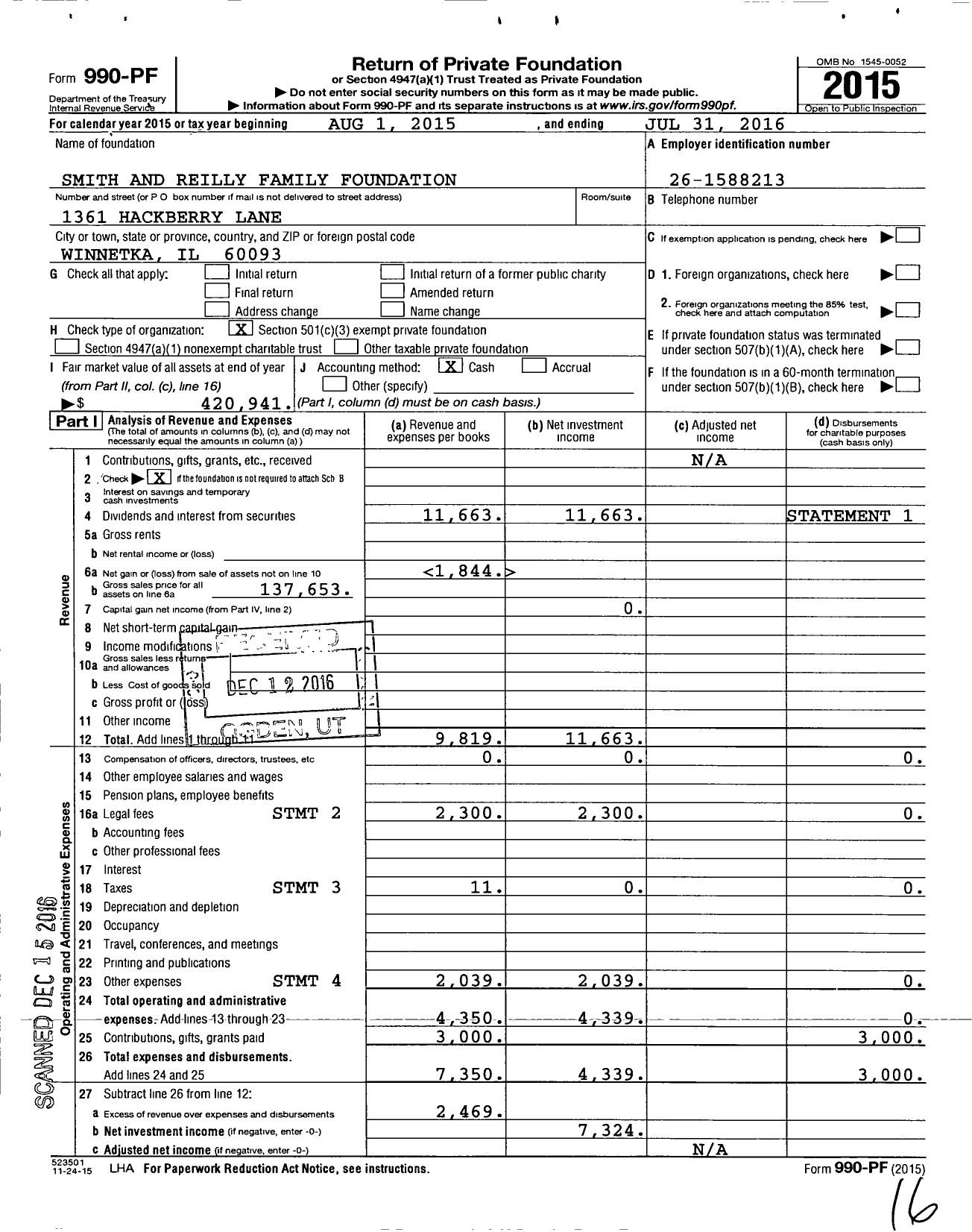 Image of first page of 2015 Form 990PF for Smith and Reilly Family Foundation