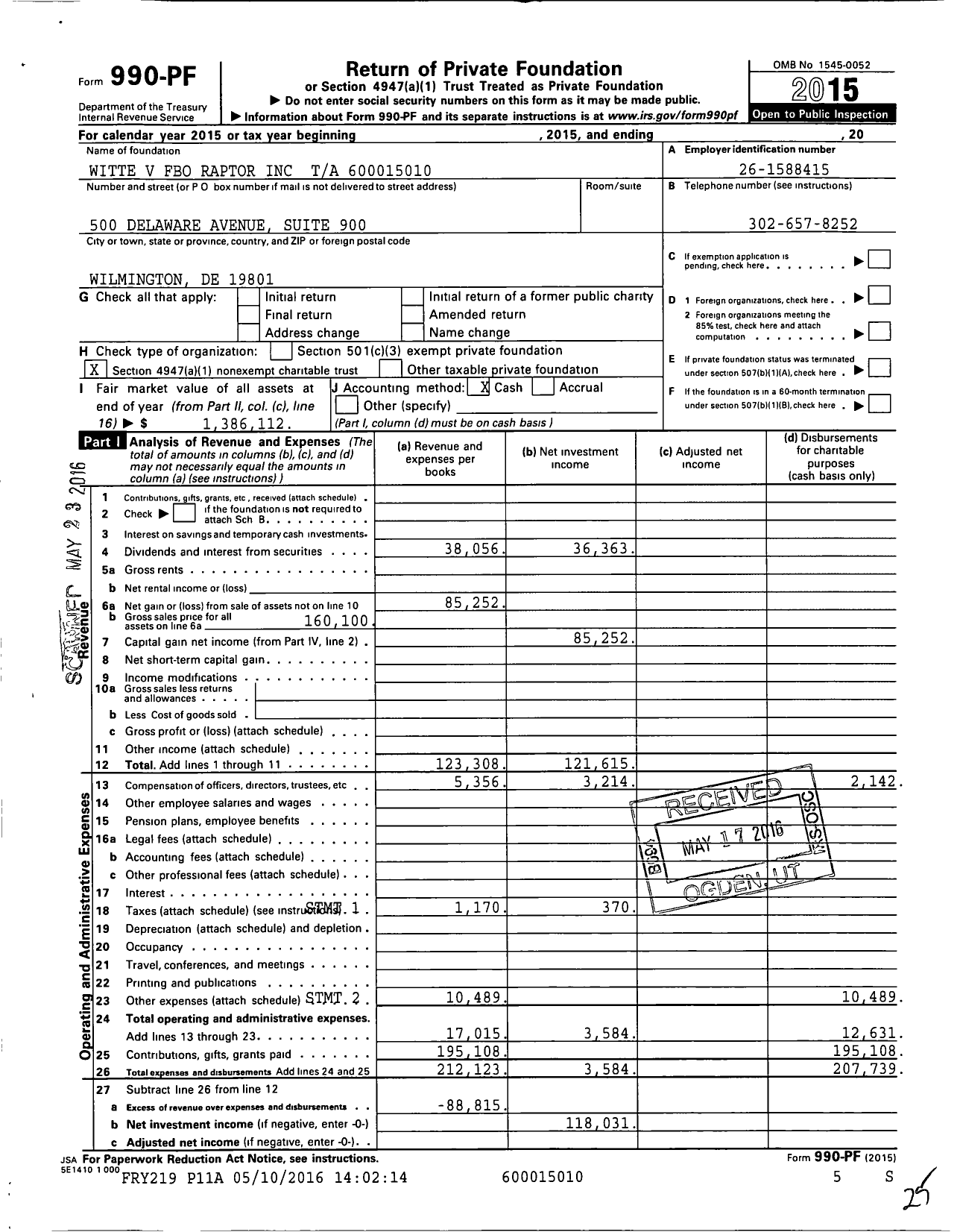 Image of first page of 2015 Form 990PF for Witte V Fbo Raptor Ta