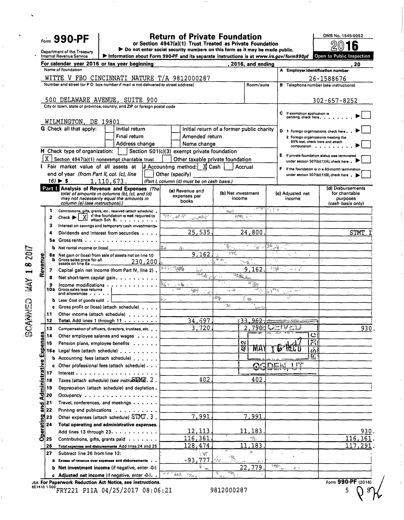 Image of first page of 2016 Form 990PF for Witte V Fbo Cincinnati Nature Ta