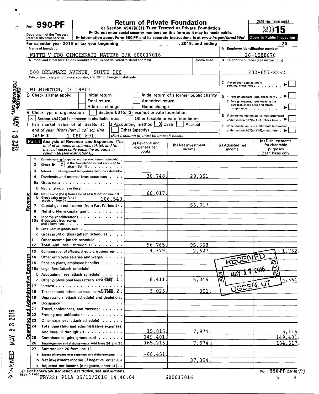 Image of first page of 2015 Form 990PF for Witte V Fbo Cincinnati Nature Ta