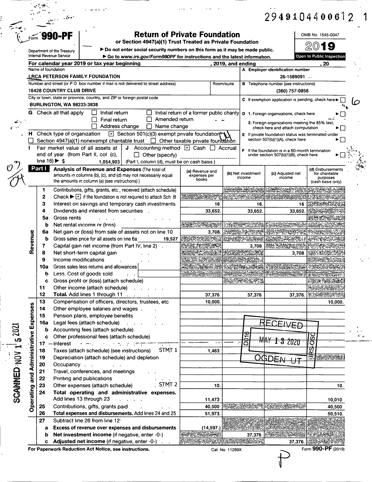 Image of first page of 2019 Form 990PF for Lrca Peterson Family Foundation