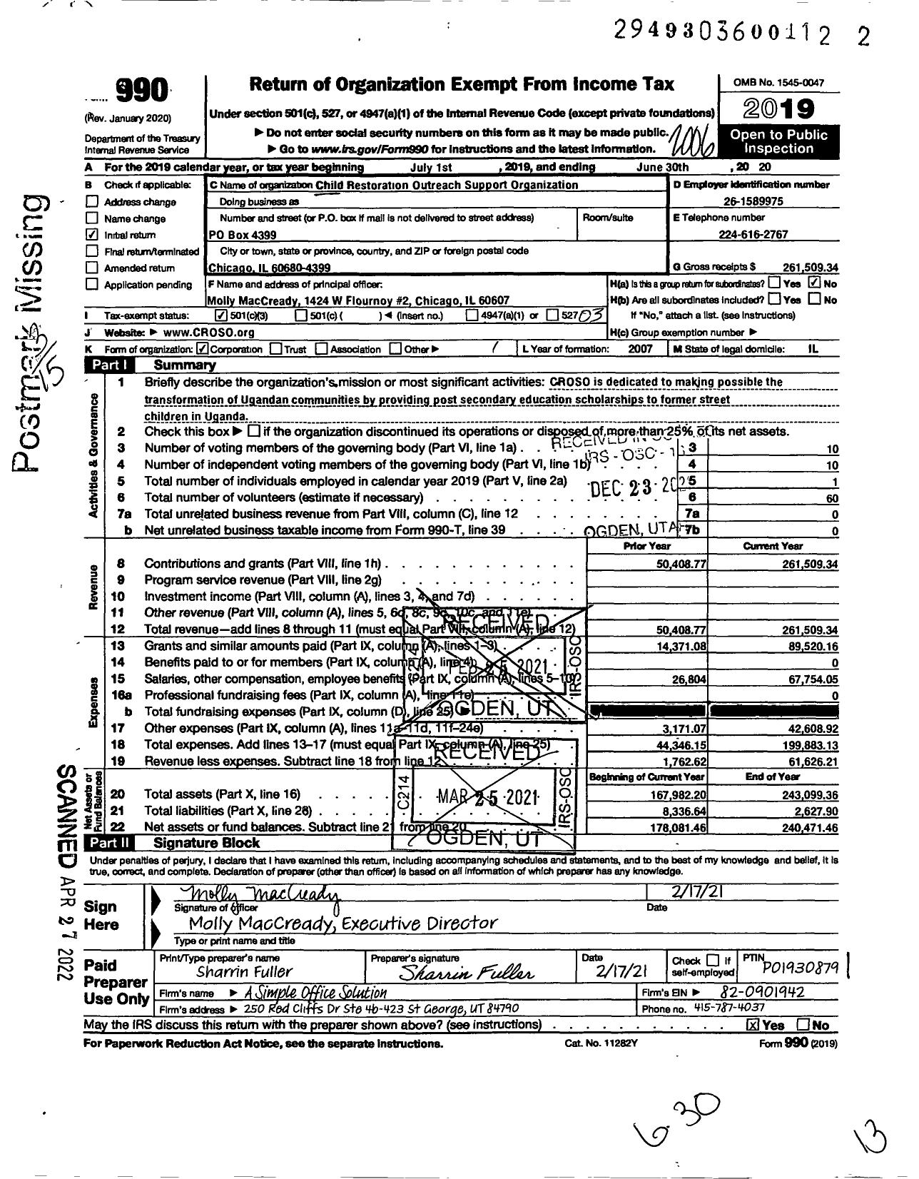 Image of first page of 2019 Form 990 for Child Restoration Outreach Support Organization (CROSO)