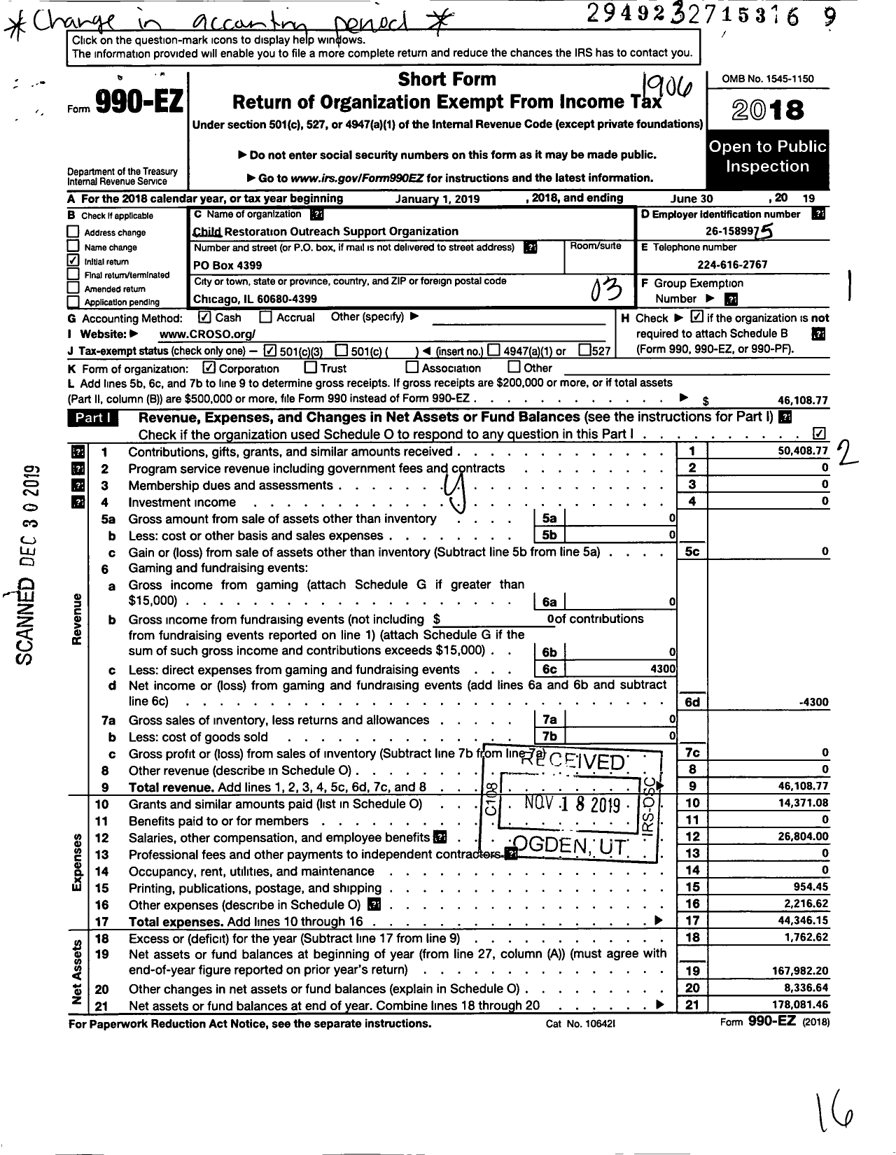 Image of first page of 2018 Form 990EZ for Child Restoration Outreach Support Organization (CROSO)