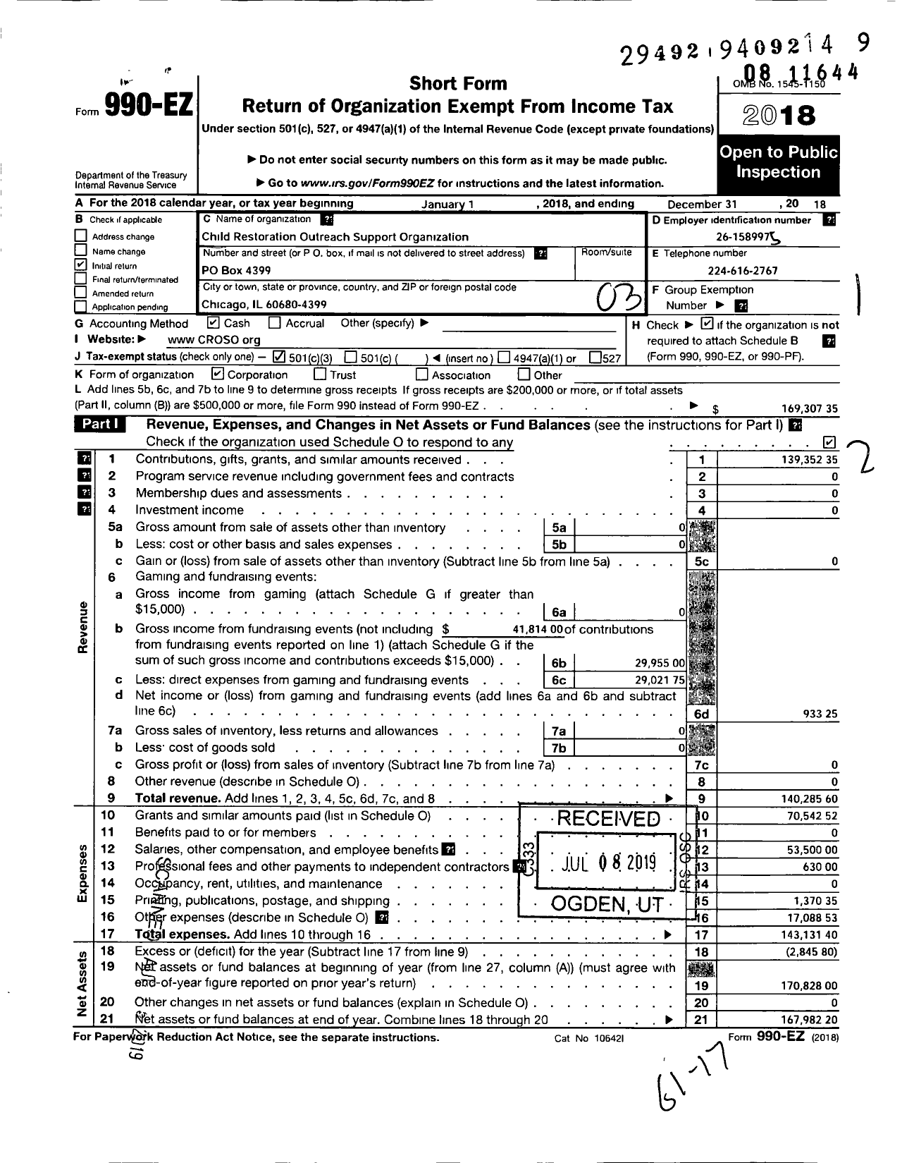 Image of first page of 2018 Form 990EZ for Child Restoration Outreach Support Organization (CROSO)