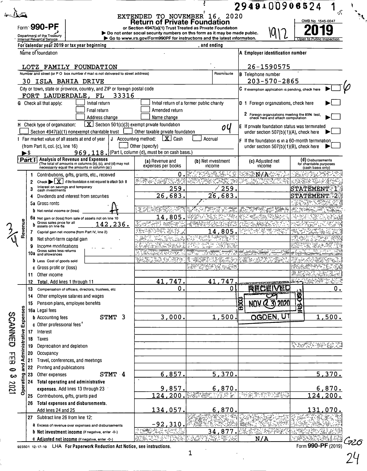 Image of first page of 2019 Form 990PF for Lotz Family Foundation