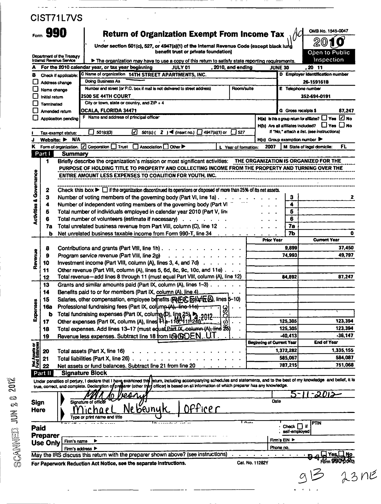 Image of first page of 2010 Form 990O for 14TH Street Apartments