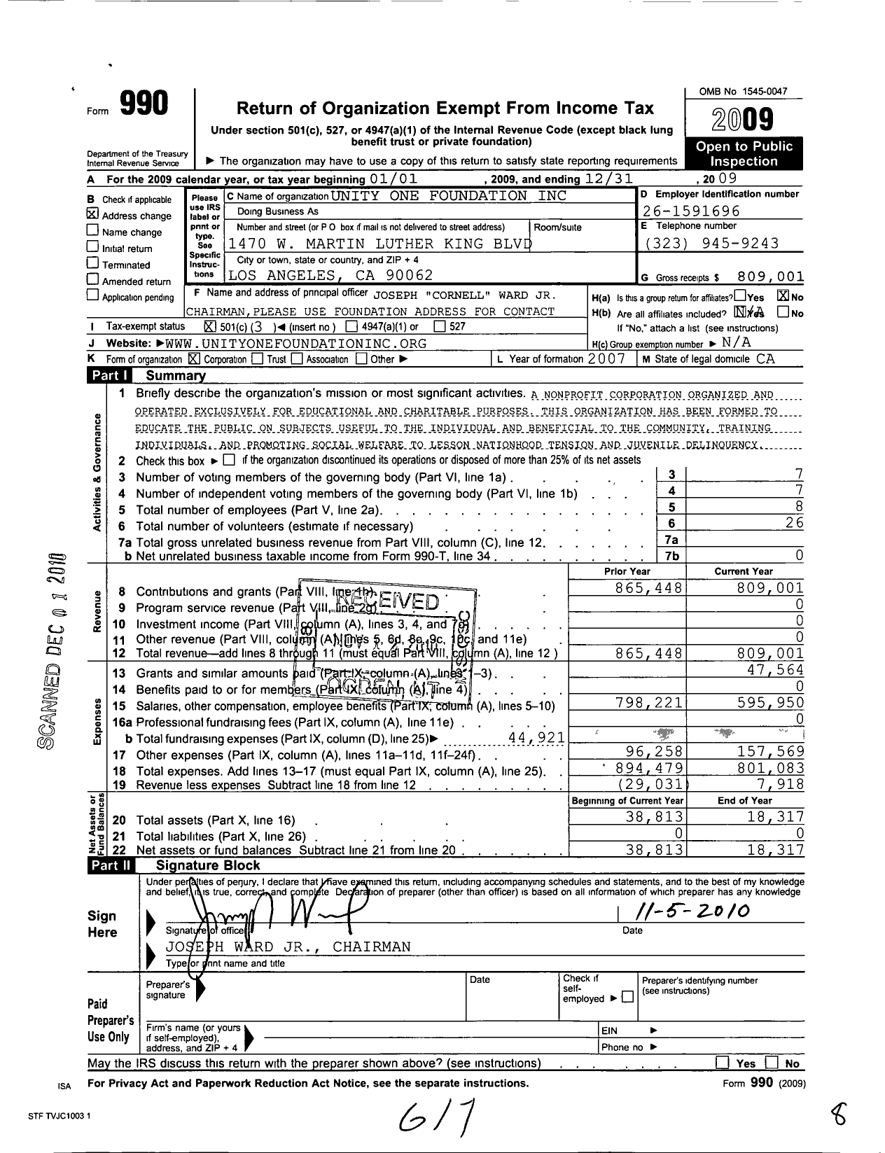 Image of first page of 2009 Form 990 for Unity One Foundation