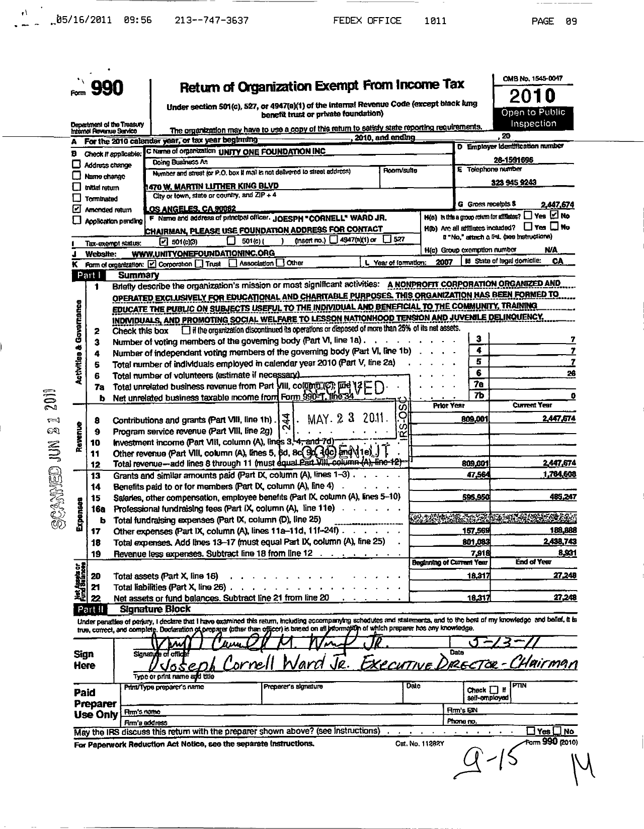 Image of first page of 2010 Form 990 for Unity One Foundation