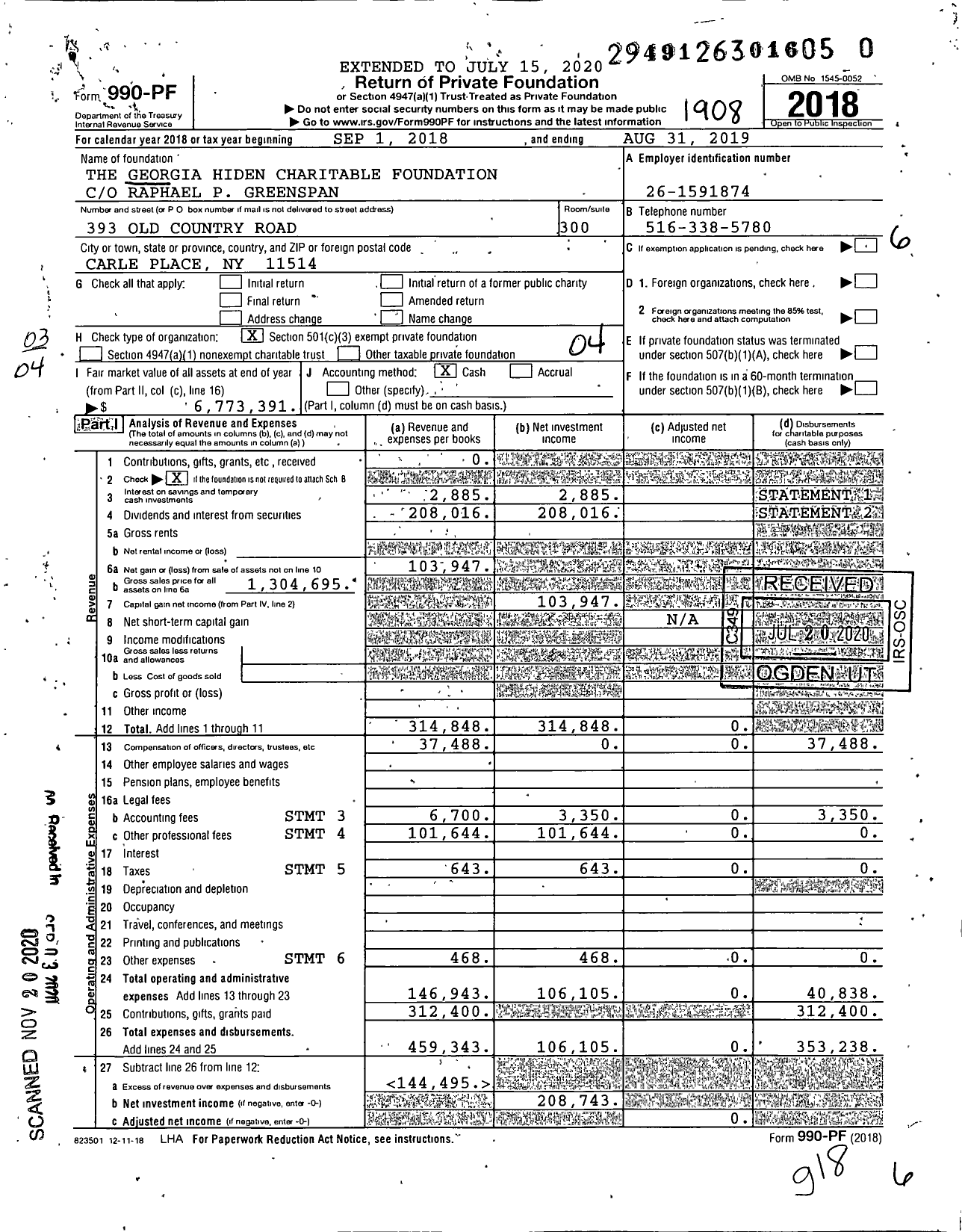 Image of first page of 2018 Form 990PF for The Georgia Hiden Charitable Foundation