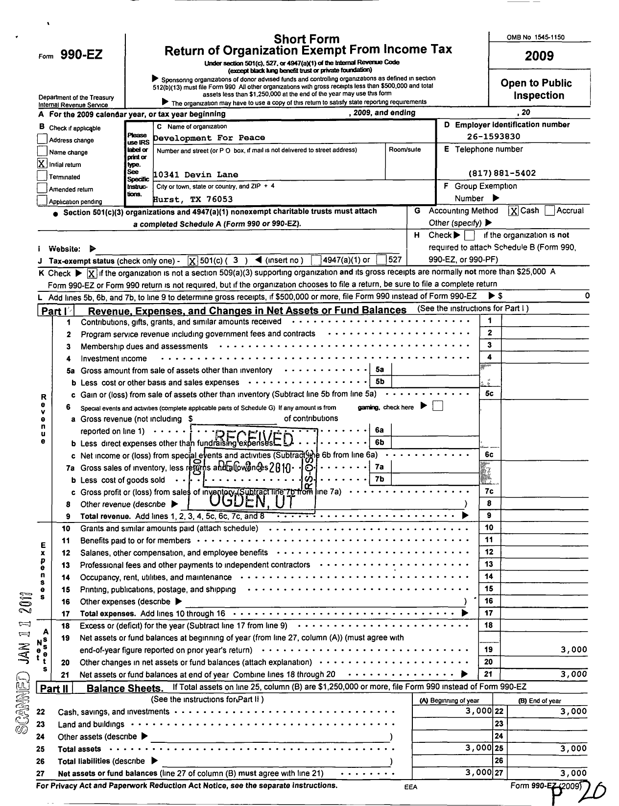 Image of first page of 2009 Form 990EZ for Development For Peace