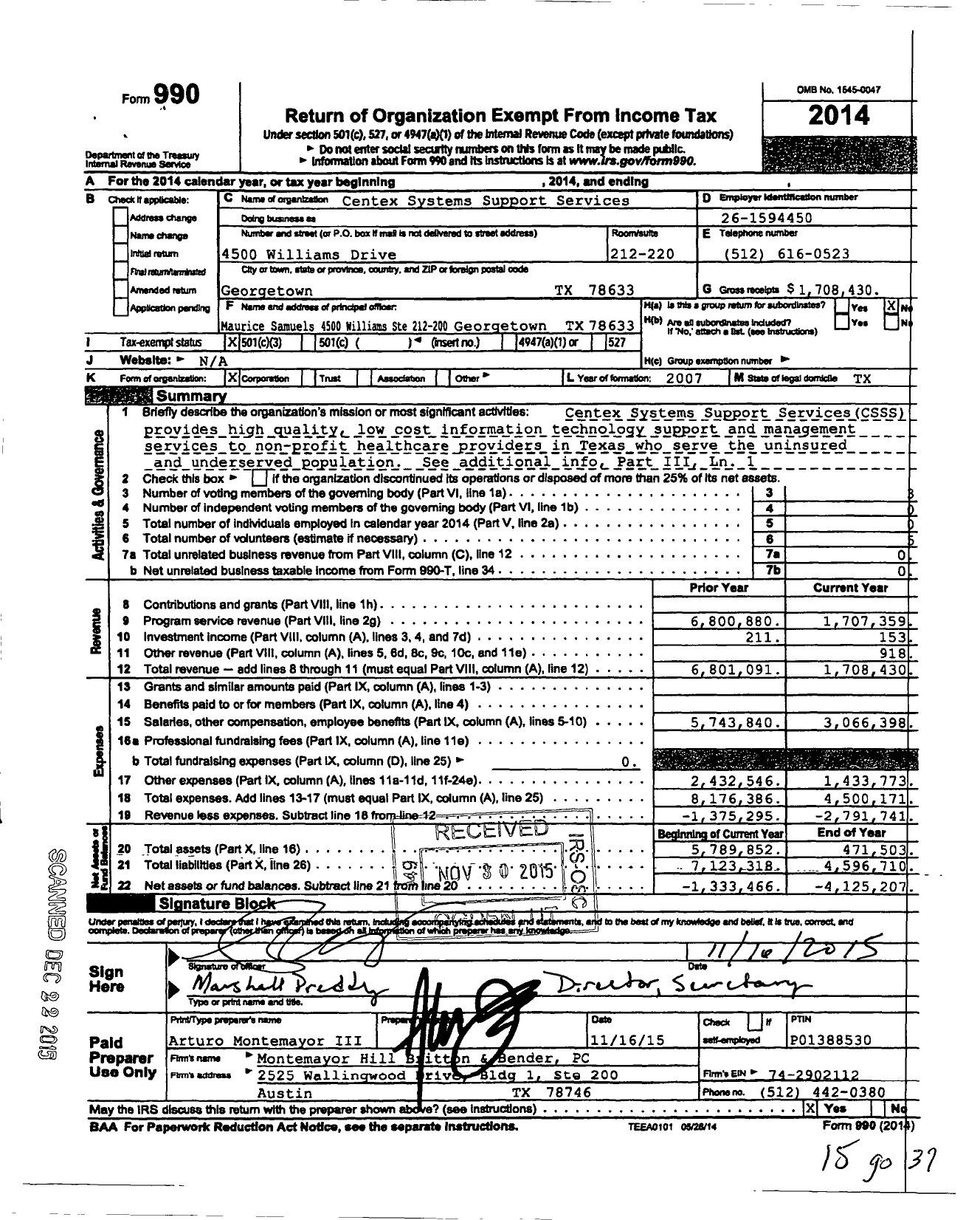 Image of first page of 2014 Form 990 for Centex System Support Services