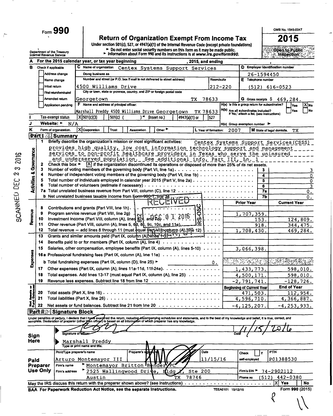 Image of first page of 2015 Form 990 for Centex System Support Services