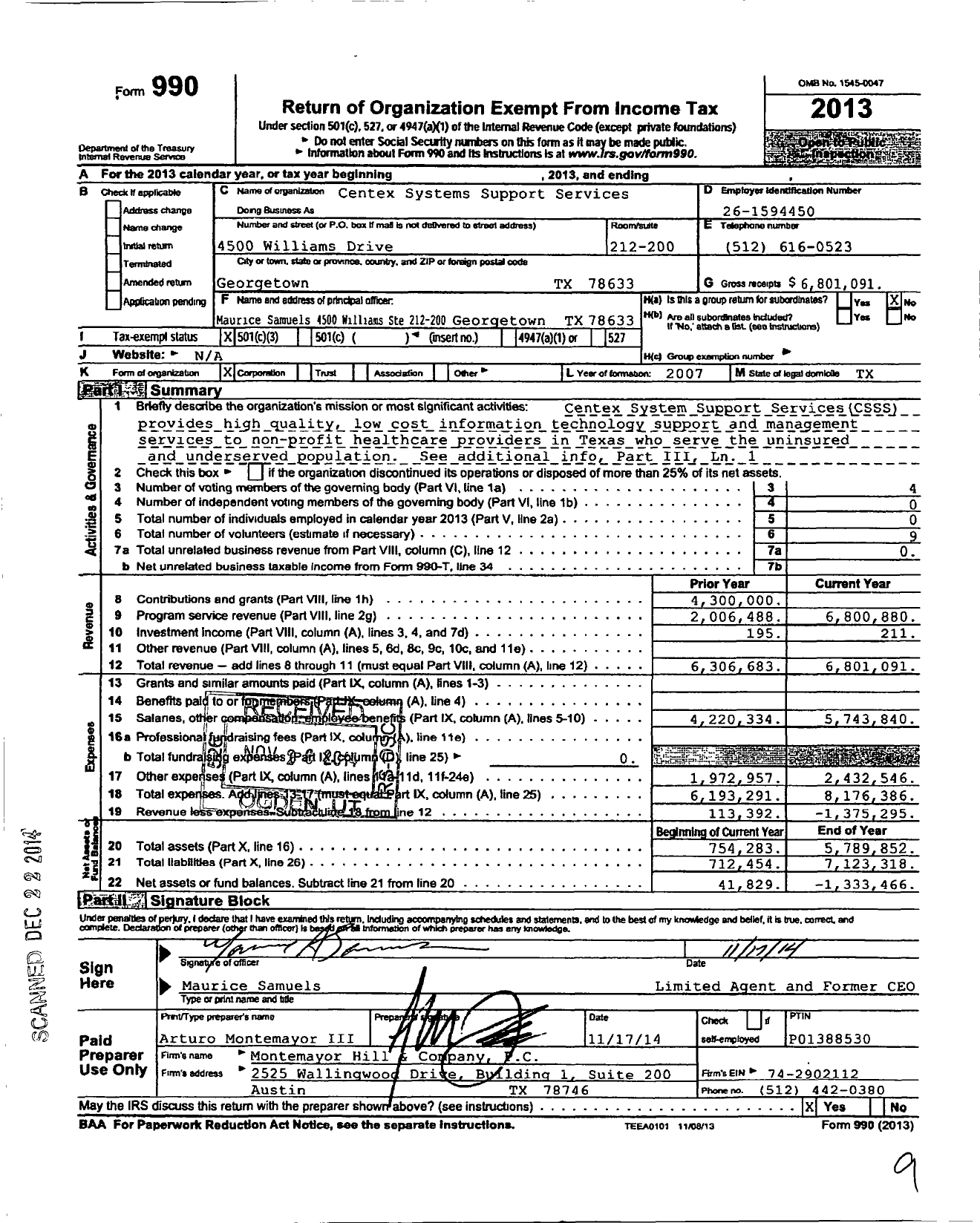 Image of first page of 2013 Form 990 for Centex System Support Services