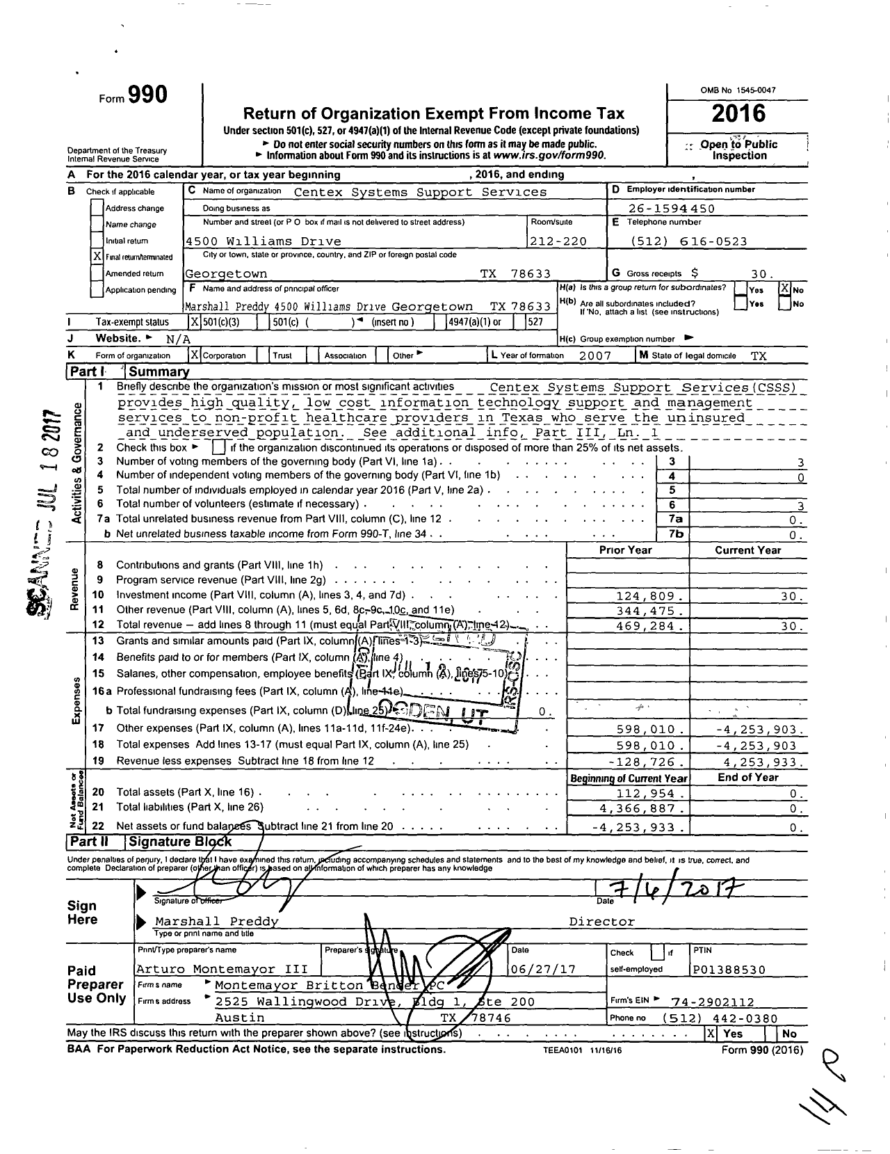 Image of first page of 2016 Form 990 for Centex System Support Services