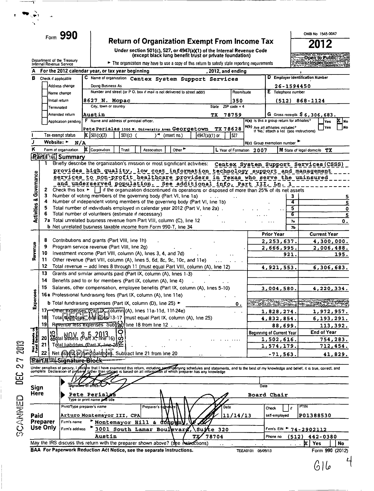 Image of first page of 2012 Form 990 for Centex System Support Services