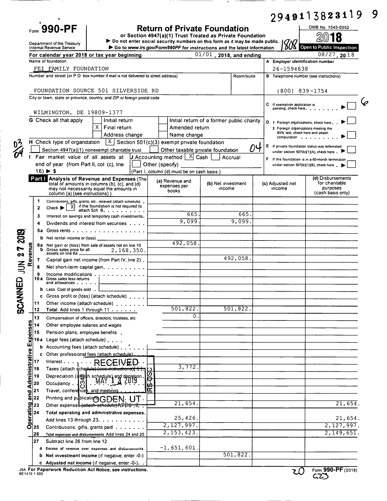 Image of first page of 2017 Form 990PF for Fei Family Foundation