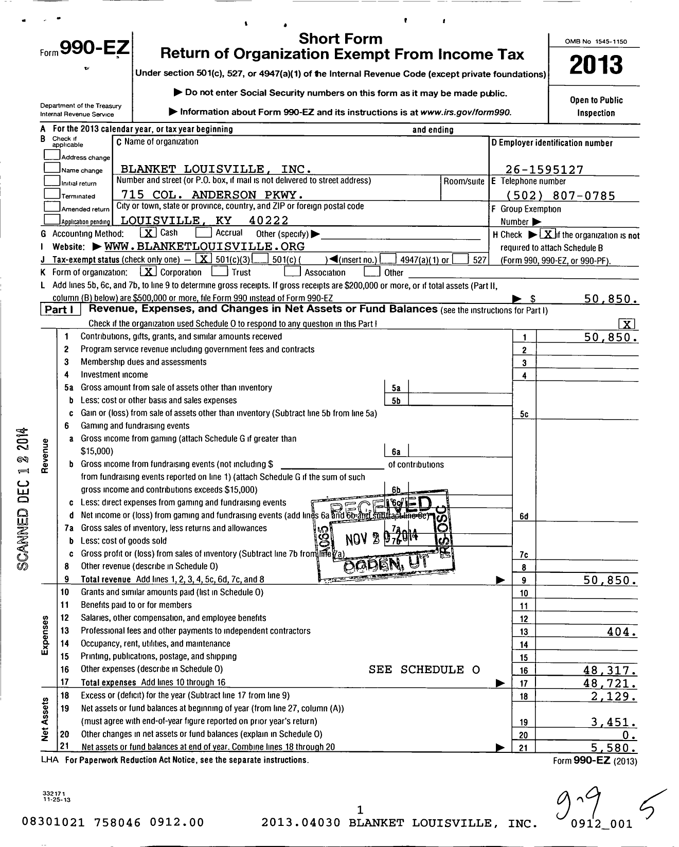 Image of first page of 2013 Form 990EZ for Blanket Louisville