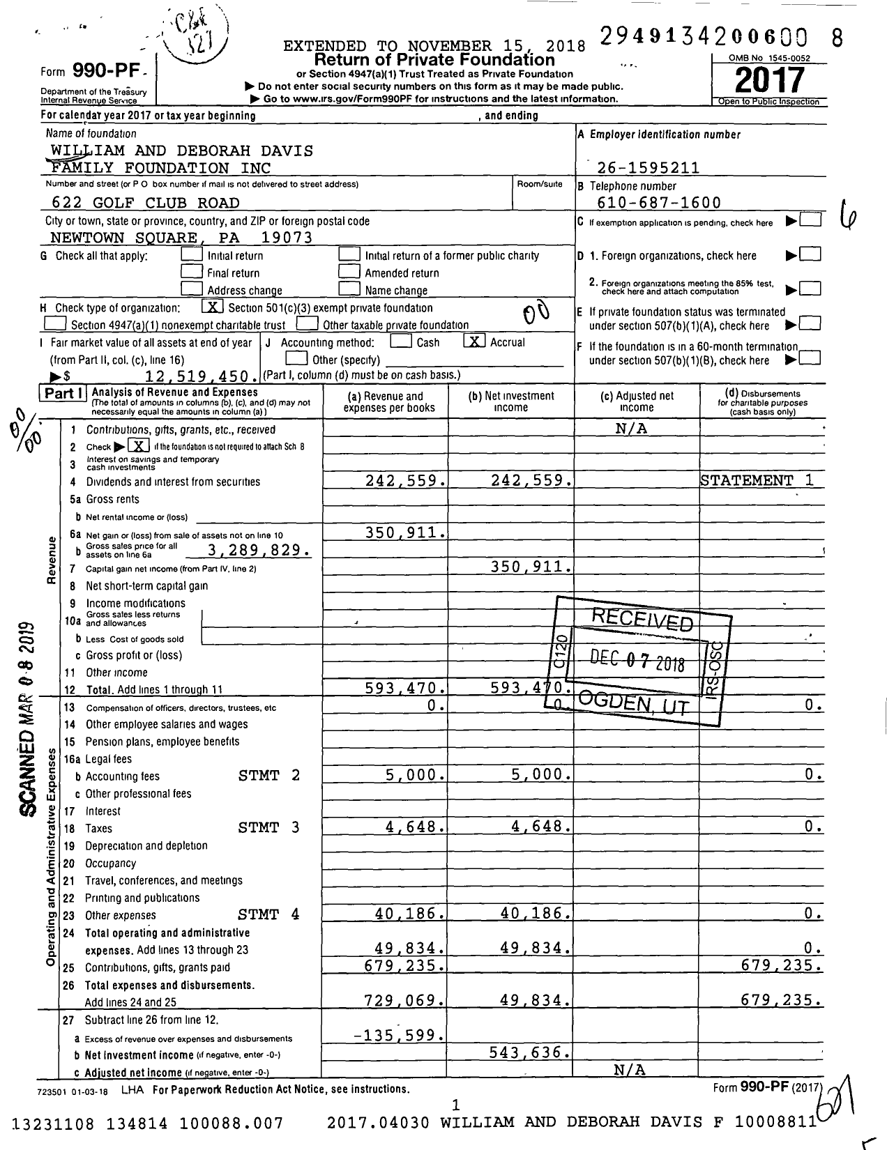 Image of first page of 2017 Form 990PF for William and Deborah Davis Family Foundation