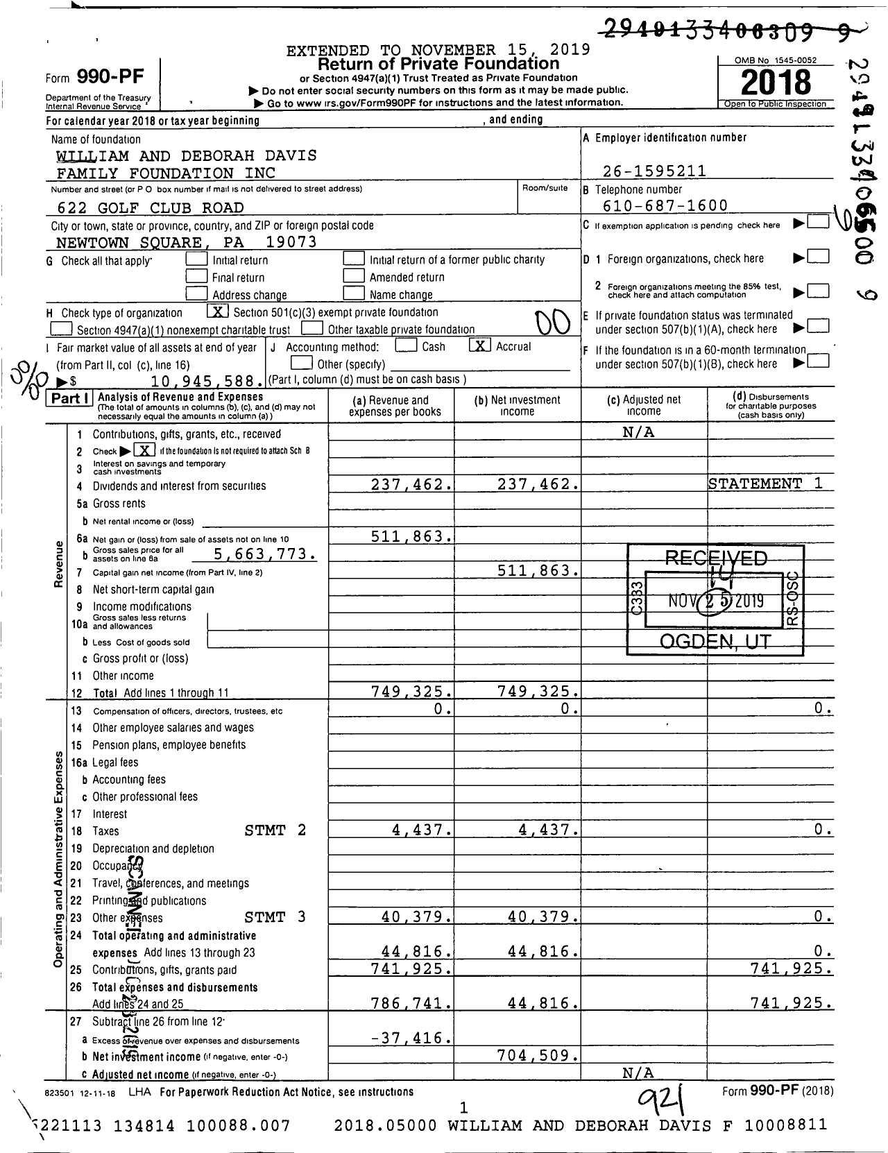 Image of first page of 2018 Form 990PF for William and Deborah Davis Family Foundation