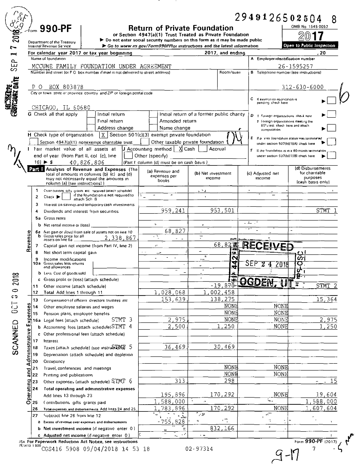 Image of first page of 2017 Form 990PF for Mccune Family Foundation Under Agreement