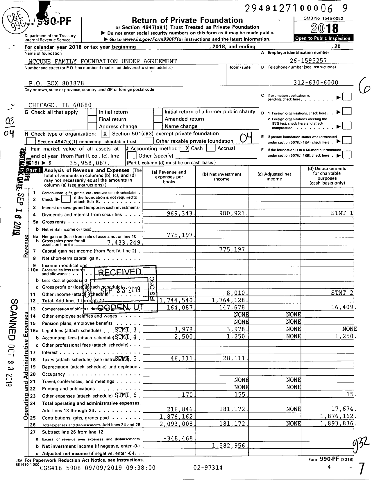 Image of first page of 2018 Form 990PF for Mccune Family Foundation Under Agreement