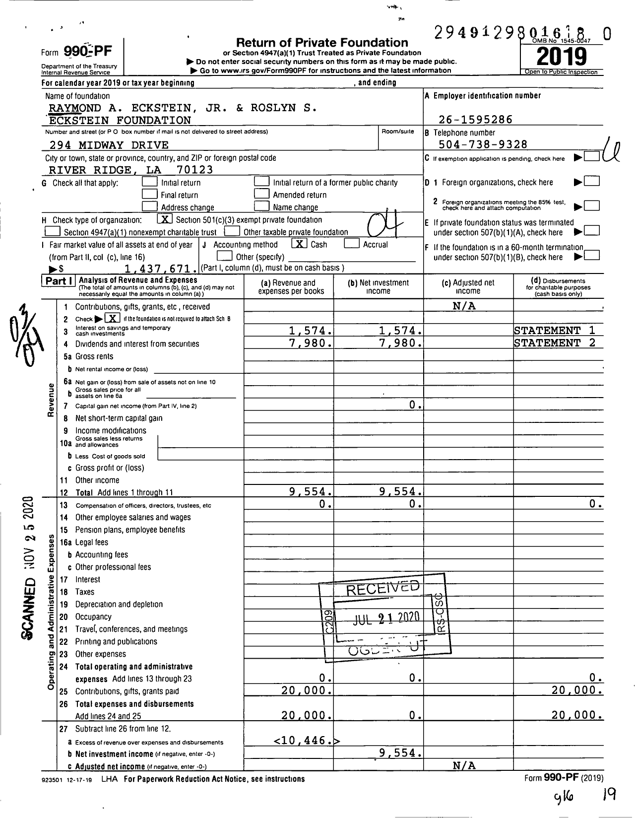 Image of first page of 2019 Form 990PF for Raymond A Eckstein Jr & Roslyn S Eckstein Foundation