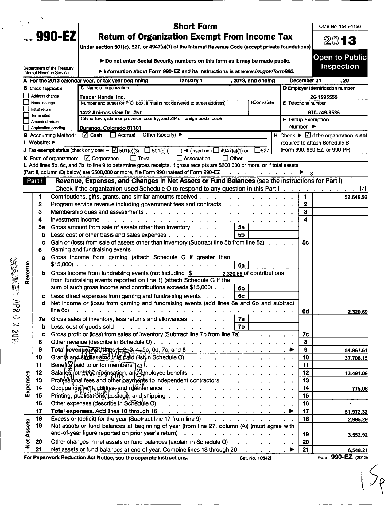 Image of first page of 2013 Form 990EZ for Tender Hands