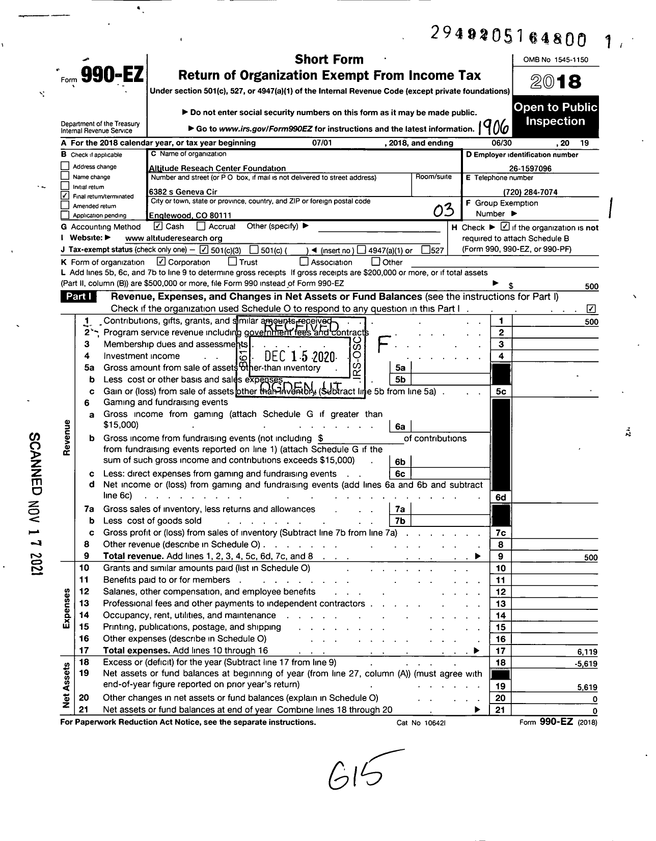 Image of first page of 2018 Form 990EZ for Altitude Research Center Foundation