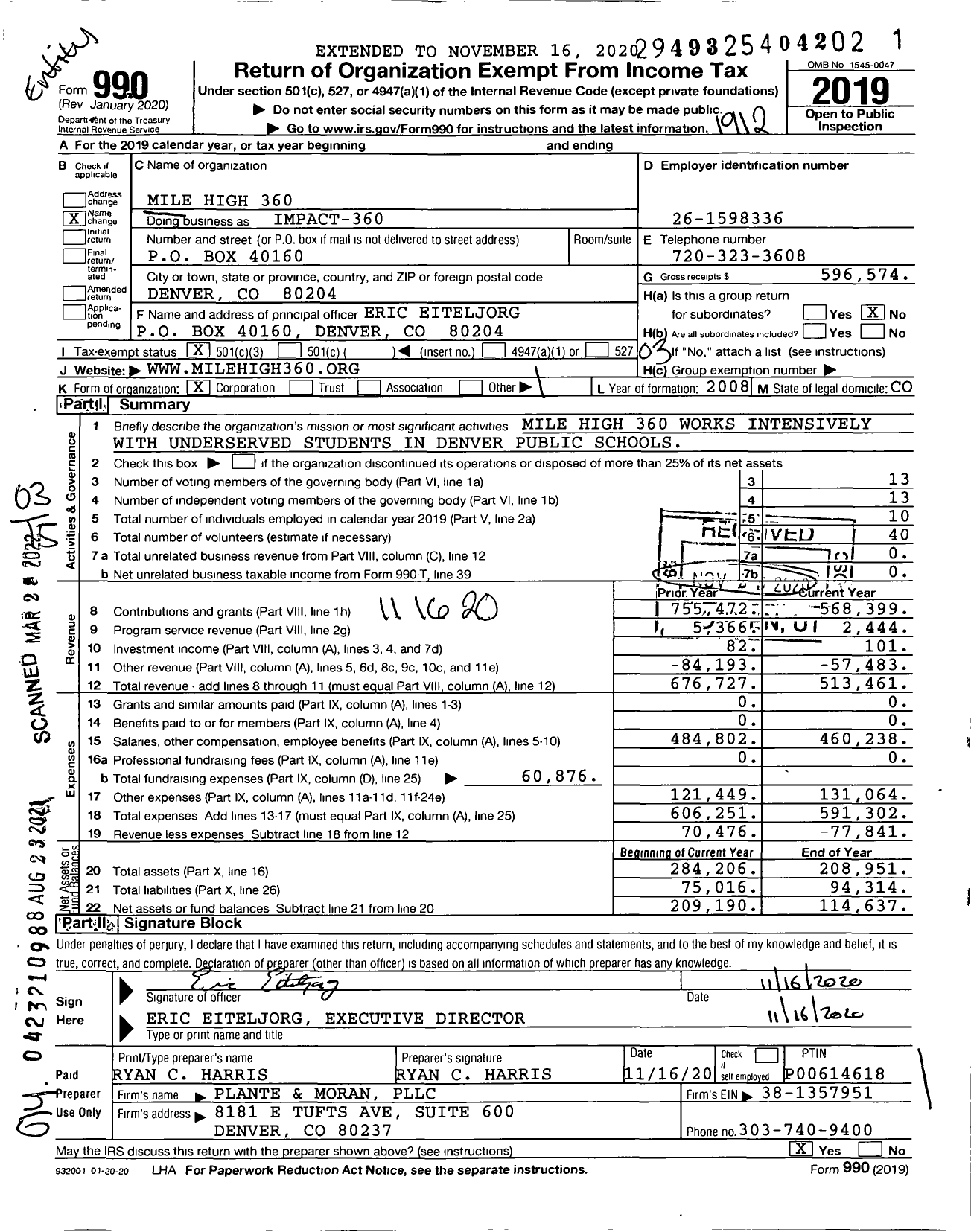 Image of first page of 2019 Form 990 for Mile High 360