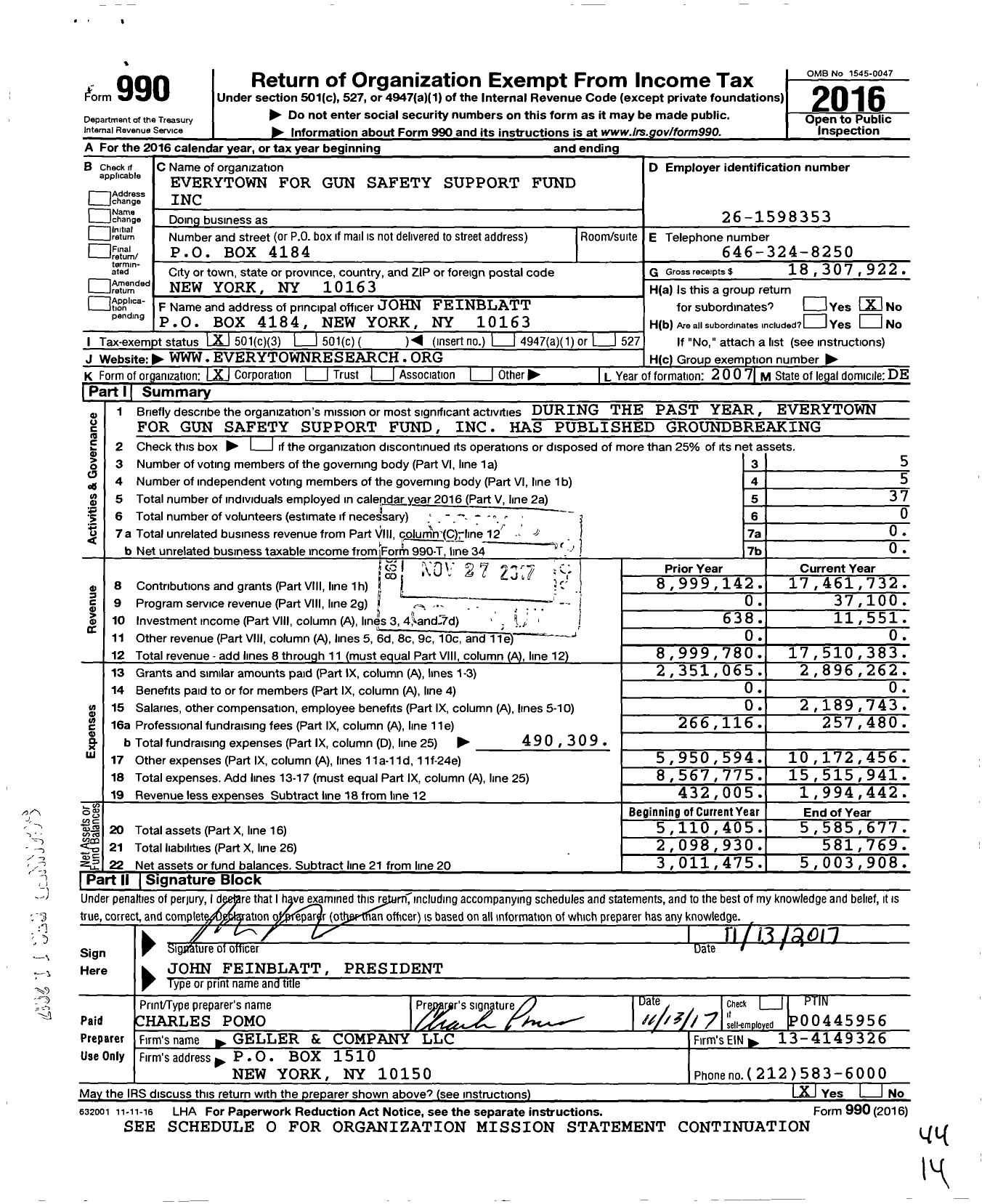 Image of first page of 2016 Form 990 for Everytown for Gun Safety Support Fund