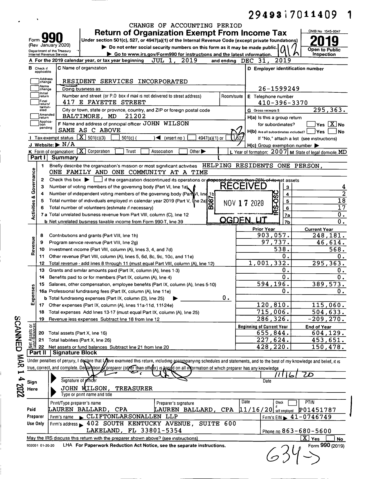Image of first page of 2019 Form 990 for Resident Services Incorporated