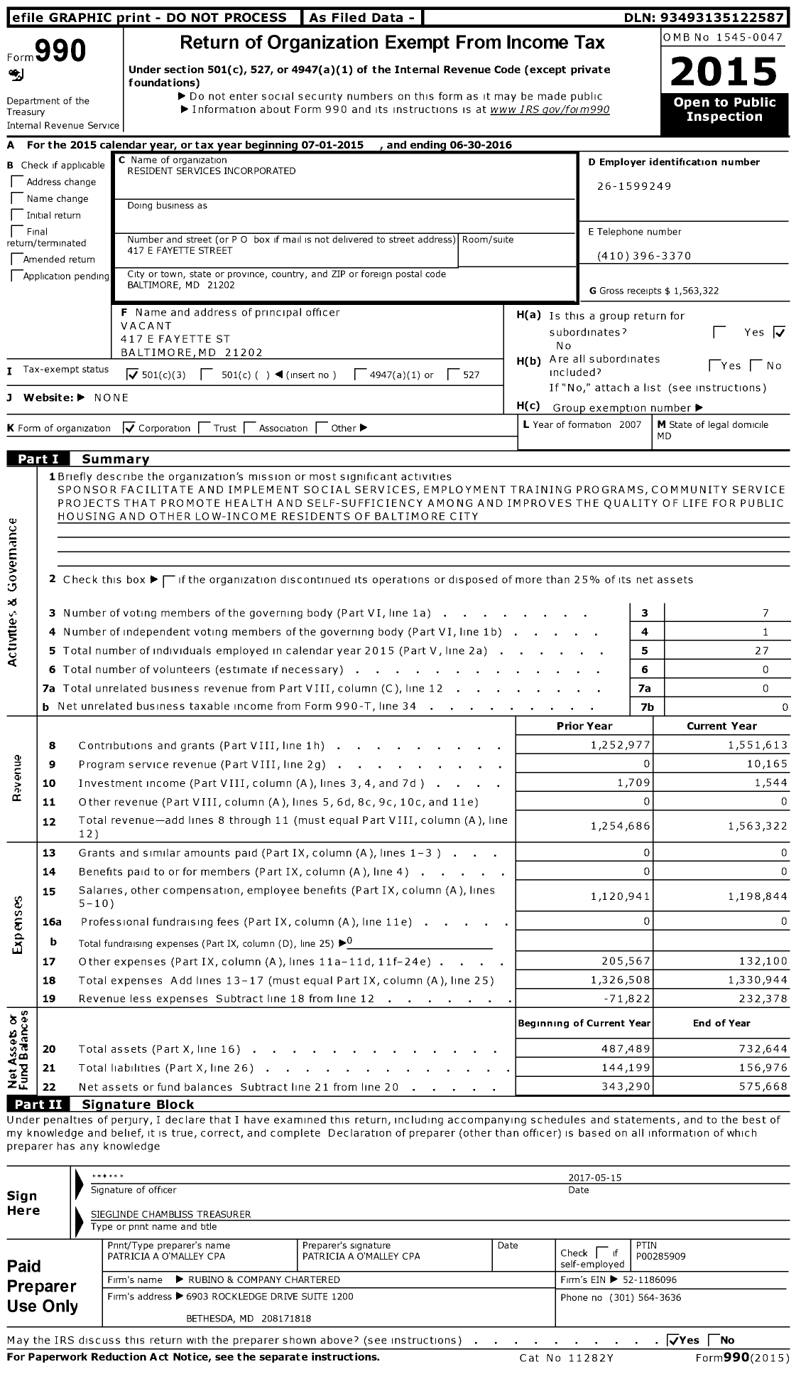 Image of first page of 2015 Form 990 for Resident Services Incorporated
