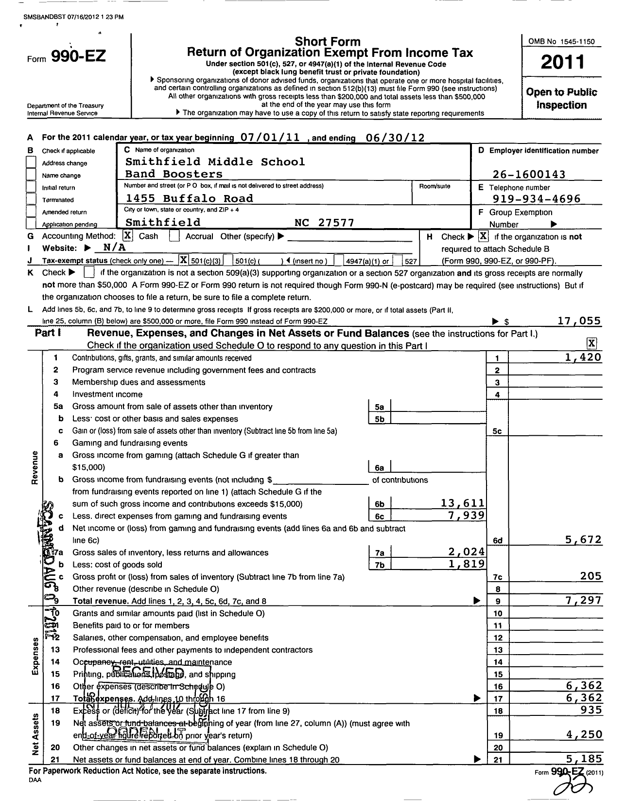 Image of first page of 2011 Form 990EZ for Smithfield Middle School Band Boosters