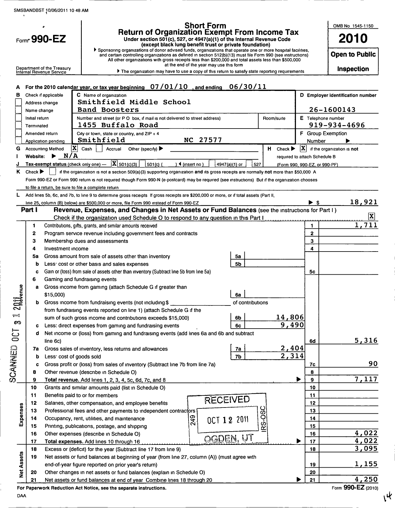 Image of first page of 2010 Form 990EZ for Smithfield Middle School Band Boosters