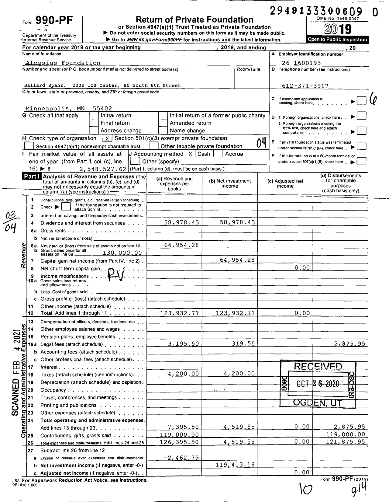 Image of first page of 2019 Form 990PF for Aloysius Foundation