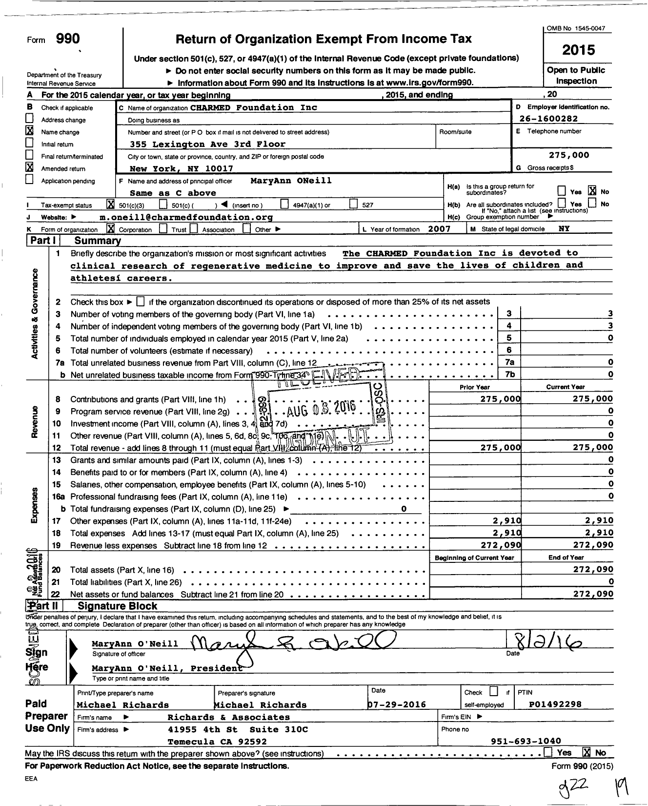 Image of first page of 2015 Form 990 for Charmed Foundation