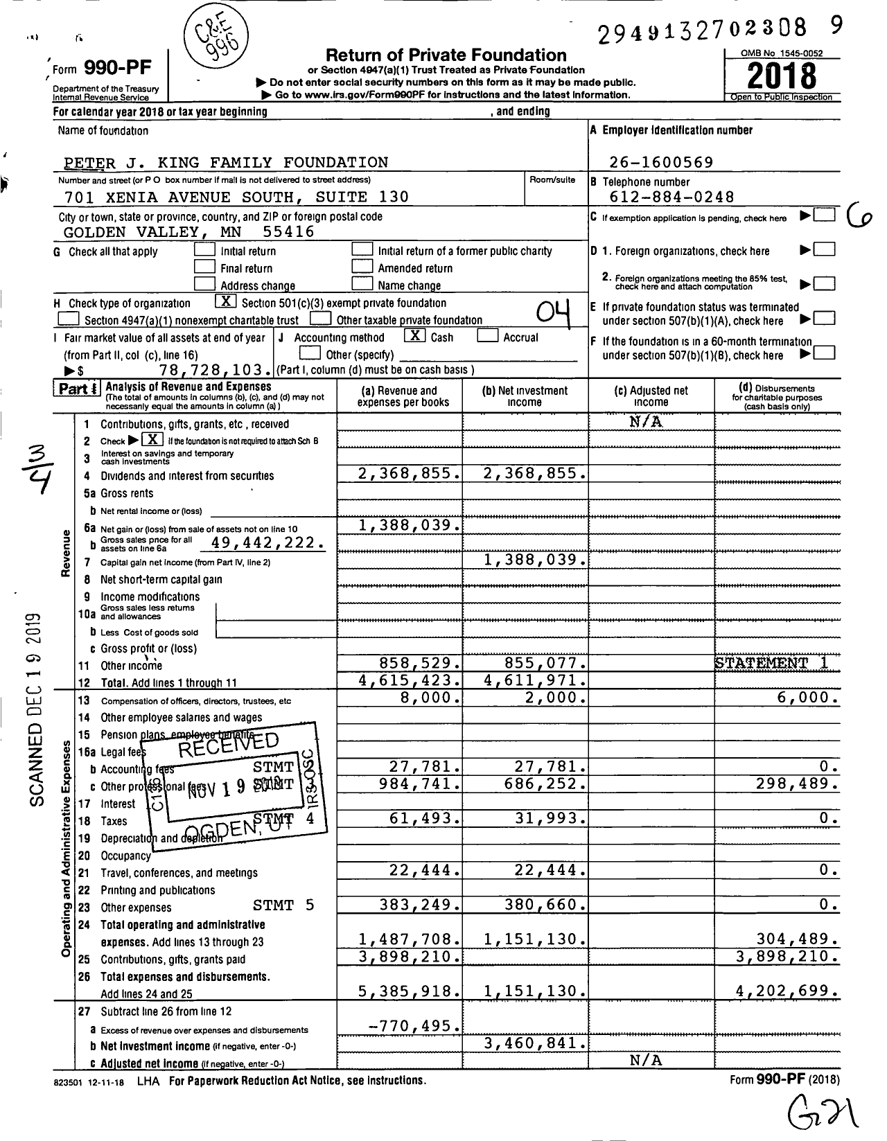 Image of first page of 2018 Form 990PF for Peter J King Family Foundation