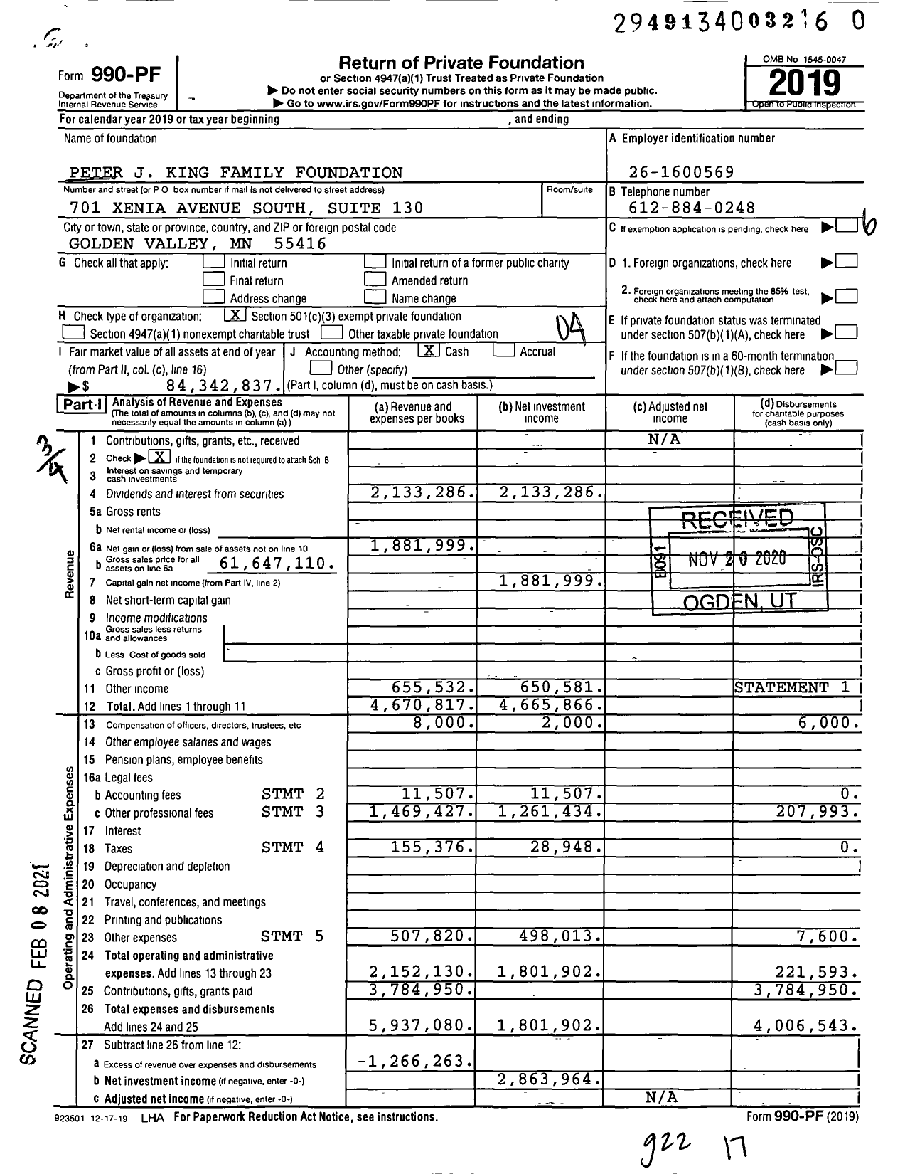 Image of first page of 2019 Form 990PF for Peter J King Family Foundation