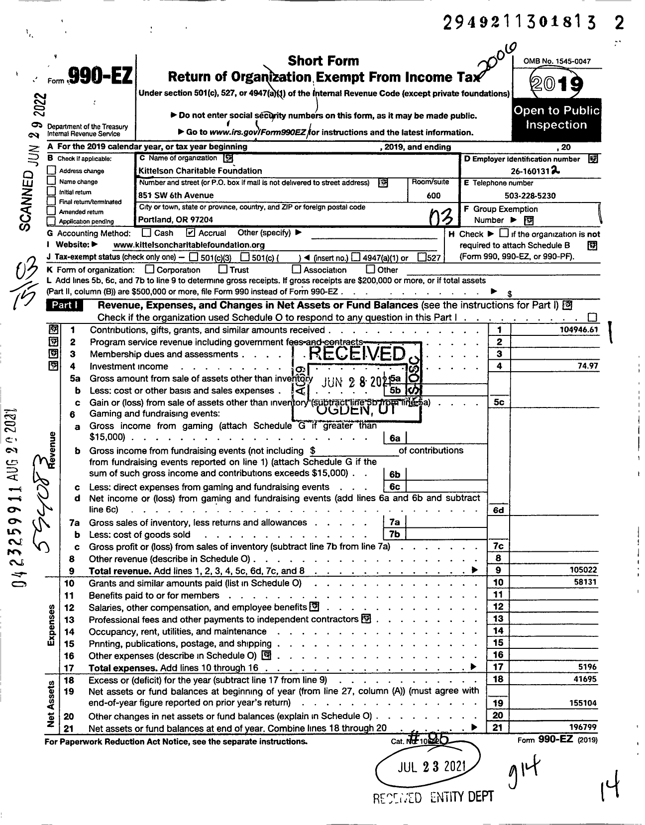 Image of first page of 2019 Form 990EZ for Kittelson Charitable Foundation