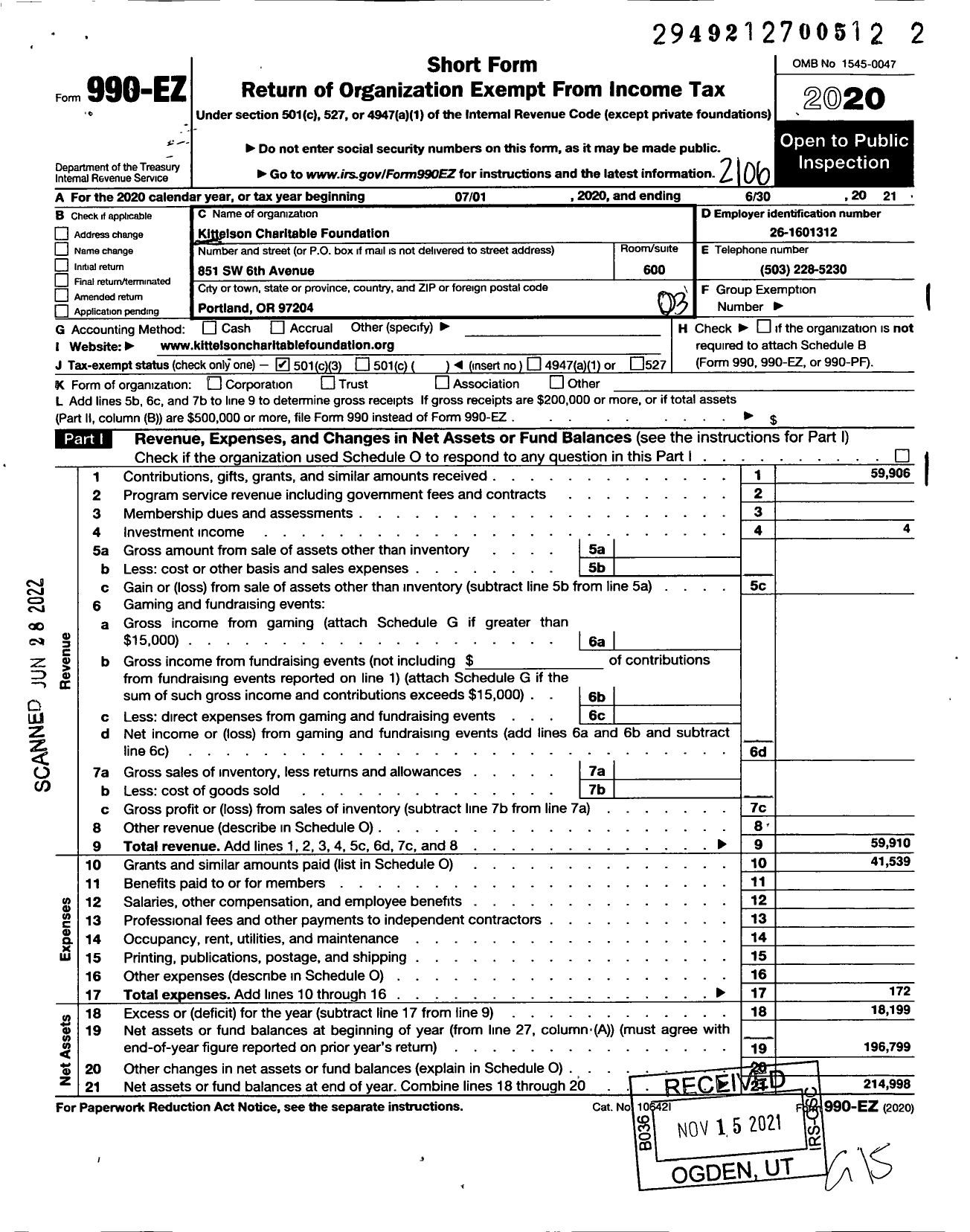 Image of first page of 2020 Form 990EZ for Kittelson Charitable Foundation